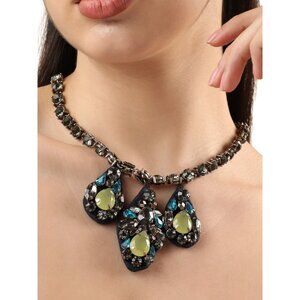 Vintage J. Crew Embroidered Crystal Jewel Statement Necklace in Blue / Gray